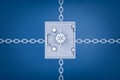 3d rendering of a metal money safe with chains leading from behind it in four different directions on blue background. Royalty Free Stock Photo