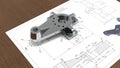 3D rendering - metal part part over 2D drawing