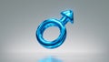 3d rendering. Metallic male gender symbol, blue mars sign, man clip art isolated on silver background. Shiny glass icon