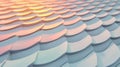 A 3D rendering of a metallic surface with a repeating pattern of curved, overlapping shapes in shades of pink, orange, and blue. Royalty Free Stock Photo