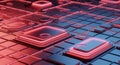 3D rendering microchip circuit board technology glowing red futuristic digital data processing electronic components closeup Royalty Free Stock Photo