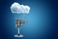 3d rendering of microphone dissolving into small pieces standing under raining cloud on blue gradient background with