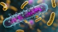 In a 3D rendering, a microscopic view of colorful bacteria and microbes is provided