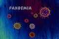 3D rendering of Microstructure of coronavirus on an abstract background and Pandemia text