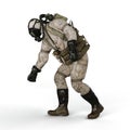 3D rendering of a military soldier in full uniform, wearing a gas mask and in a bent position