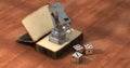 3D rendering of milling vise on old book and three dices on wooden background