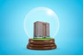 3d rendering of miniature brown multi-storey building inside snowglobe on light blue background.