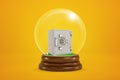 3d rendering of miniature closed metal money safe inside snowglobe on amber background.