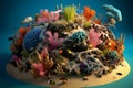 A 3D rendering of a miniature Planet Earth with thriving coral reefs and marine life. Conceptual illustration - ocean pollution,