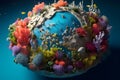 3D rendering of a miniature Planet Earth with coral reefs and marine life. Conceptual illustration. Generative AI