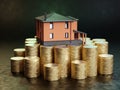 Miniature residential house on pile on euro coins