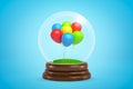 3d rendering of miniatured bundle of colorful balloons inside glass ball globe on light blue background.