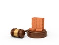 3d rendering of miniatured stack of red bricks on sounding block with gavel lying beside.