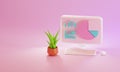 3d rendering of minimal computer on display for mockup and Plant on Pink pastel background