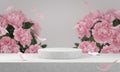 3d Rendering Minimal Podium Display Cement Concrete With Pink Petal Floral Falling Flower Bouquet Backgrounds Abstract Royalty Free Stock Photo