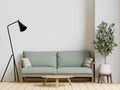 minimal style living room with wooden floor ,white wall,big green couch,wooden cabinet Royalty Free Stock Photo