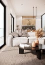 3d rendering minimal white color apartment ideas. mockup modern interior room design and decoration furniture fabric sofa.