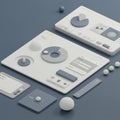 3D rendering of a minimalist user interface design. Features include circular charts, Royalty Free Stock Photo