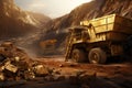 3D rendering of a mining truck working in a coal mine, mining gold in space, AI Generated