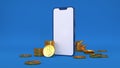 3D rendering of a mobile phone on a blue background surrounded by golden dollar coins. Royalty Free Stock Photo