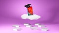 3D Rendering of Mobile phone graduates hat books current developments in education online on light pink background. Realistic 3d