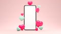 3D rendering mobile phone mockup with hearts for Valentines day background design. Empty isolated generic smartphone blank screen Royalty Free Stock Photo