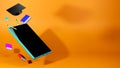 3D Rendering of Mobile phones graduates\' hat and pencils represent online learning on light orange background. Realistic 3d