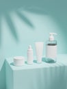 3d rendering mock up cosmetic bundle for skin care, put on the wall under the sun. White plastic bottles and tubes white caps.