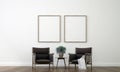 The modern minimal living room and canvas frame on empty white wall texture background interior design / 3D rendering Royalty Free Stock Photo
