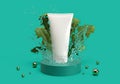 3d rendering of mock up product put on podium show with water splash and nature leaves rear scene. 3d minimal concept for medical