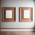 Two empty wooden frames in a bright interior hang on the wall. Generative AI Royalty Free Stock Photo