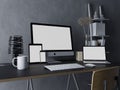 3d rendering of mockup dummy design template of empty white screen for your design portfolio on modern designer work desk with mac