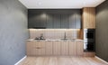 3d rendering mockup modern built in kitchen interior with wooden counter and grey cabinet and wall, wooden floor