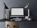 3d rendering of mockup template of blank white screen for design portfolio preview on elegant home office workspace with desktop