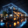 3d rendering of a modern building in the city with blue lights