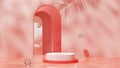 3d red background rendering podium with arches, glass balls Royalty Free Stock Photo