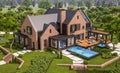 3d rendering of modern clinker house on the ponds with pool