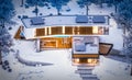 3d rendering of modern clinker house on the ponds with pool in winter night