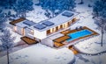 3d rendering of modern clinker house on the ponds with pool in winter night