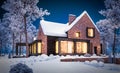 3d rendering of modern clinker house on the ponds with pool in winter night