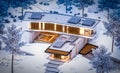 3d rendering of modern clinker house on the ponds with pool in winter night