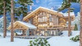 3d rendering of modern cozy chalet in night in New Year holidays