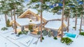 3d rendering of modern cozy chalet in night in New Year holidays