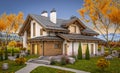 3d rendering of modern house in evening autumn Royalty Free Stock Photo