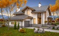 3d rendering of modern house in evening autumn Royalty Free Stock Photo