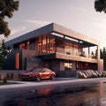 3d rendering of modern cozy house with garage and a car for sale or rent Ai generative