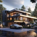 3d rendering of modern cozy house with garage and a car for sale or rent Ai generative