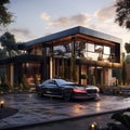 3d rendering of modern cozy house with garage and a car for sale or rent Ai generative