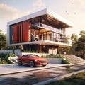 3d rendering of modern cozy house with garage and a car for sale or rent Ai generative