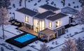 3d rendering of modern house with garden in winter night Royalty Free Stock Photo